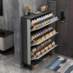 Armoire à chaussures d'entrée grise et blanche à façade rabattable