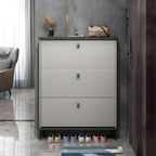 Armoire à chaussures d'entrée grise et blanche à façade rabattable