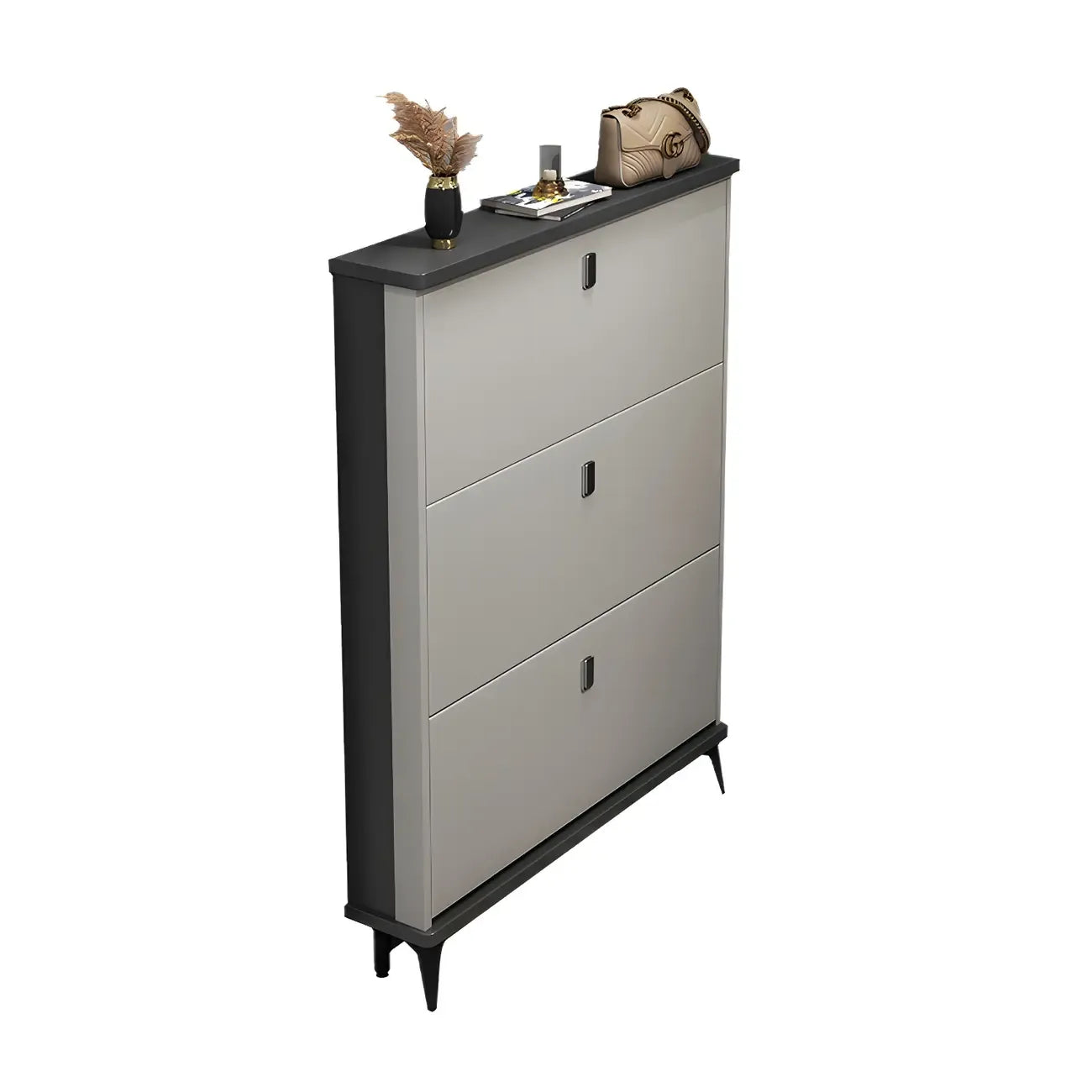 Armoire à chaussures d'entrée grise et blanche à façade rabattable