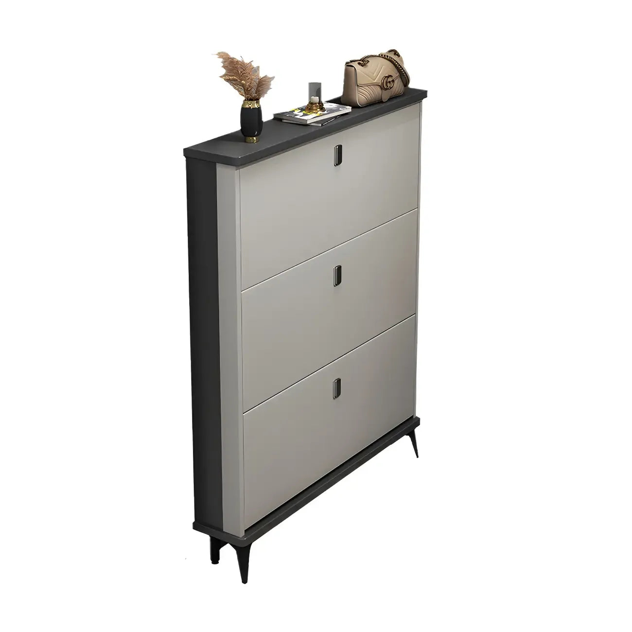 Armoire à chaussures d'entrée grise et blanche à façade rabattable