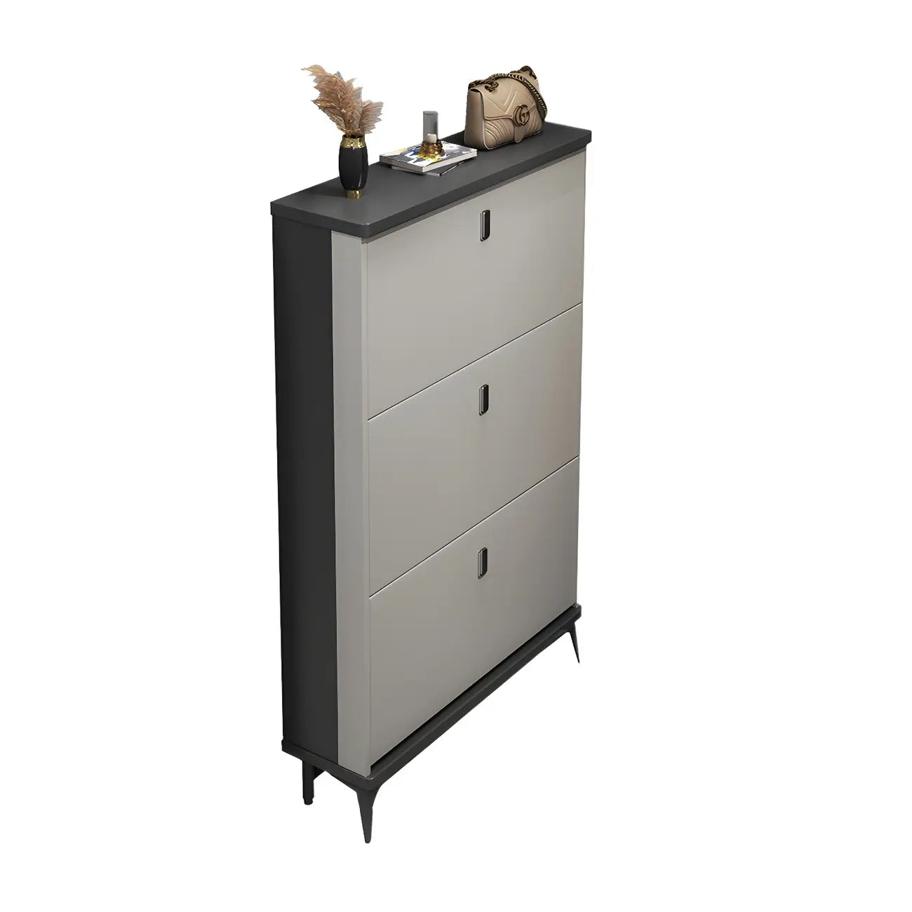 Armoire à chaussures d'entrée grise et blanche à façade rabattable