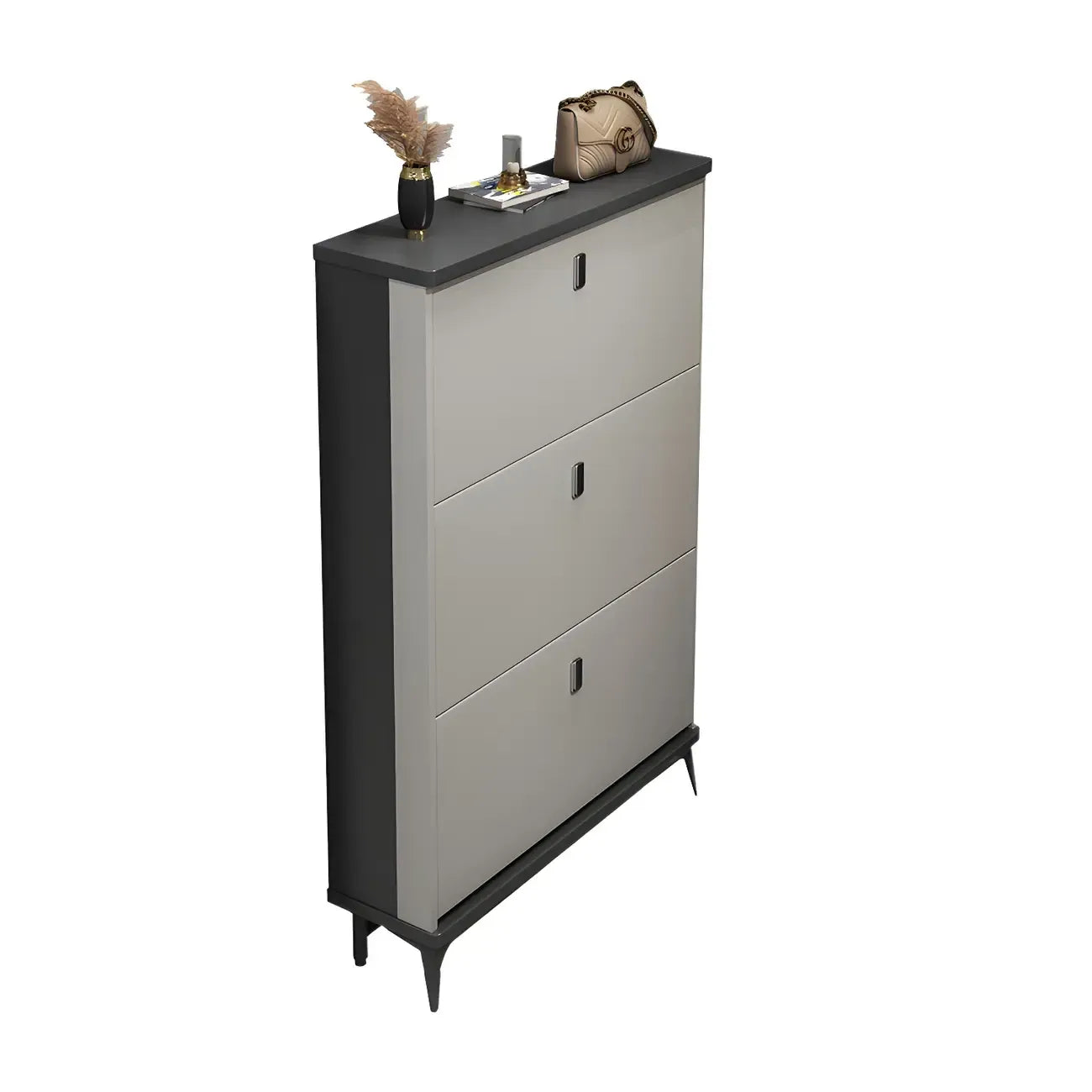 Armoire à chaussures d'entrée grise et blanche à façade rabattable