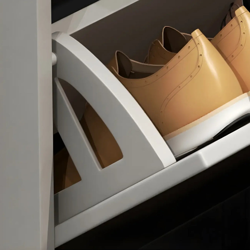 Armoire à chaussures d'entrée grise et blanche à façade rabattable