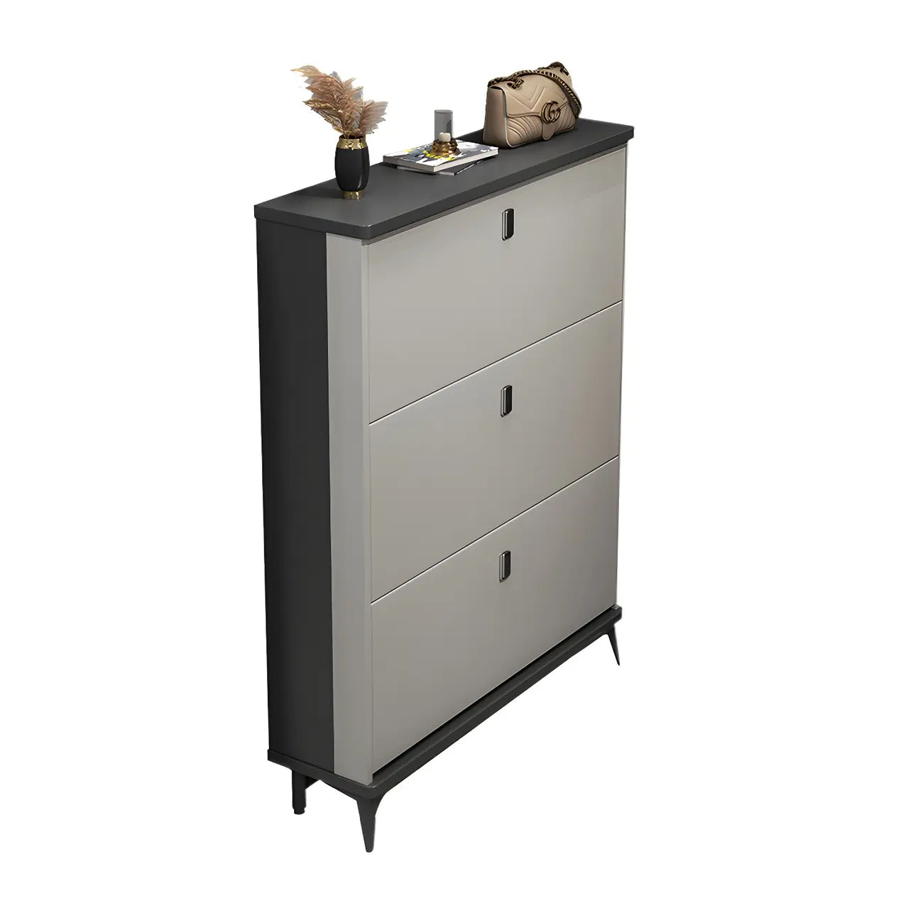 Armoire à chaussures d'entrée grise et blanche à façade rabattable