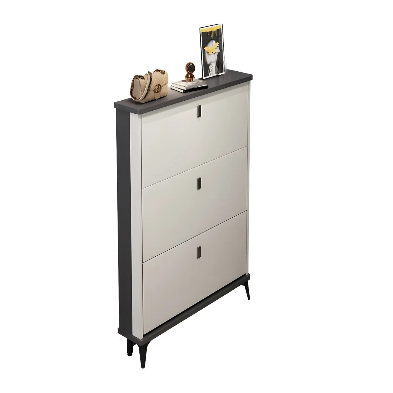 Armoire à chaussures d'entrée grise et blanche à façade rabattable