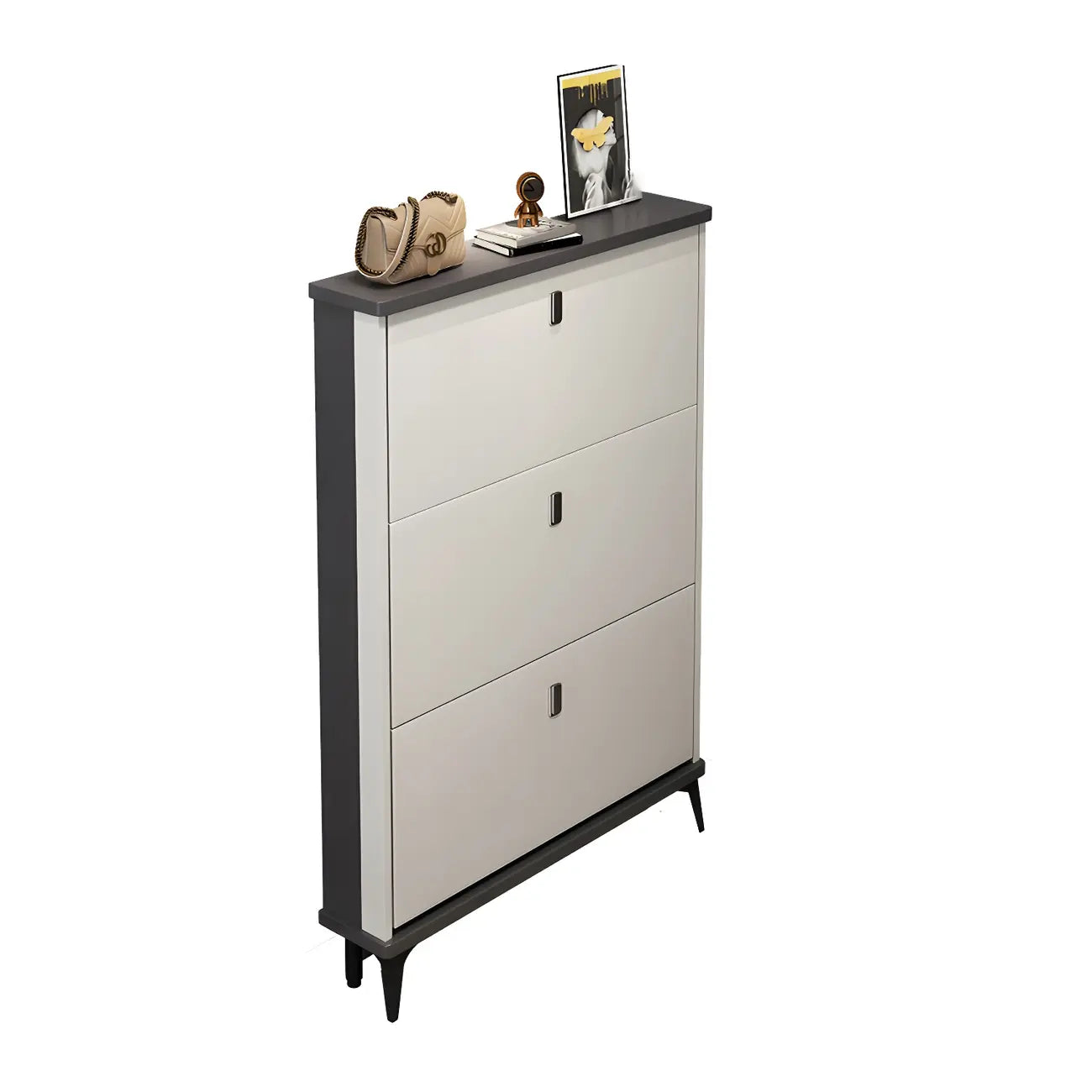 Armoire à chaussures d'entrée grise et blanche à façade rabattable