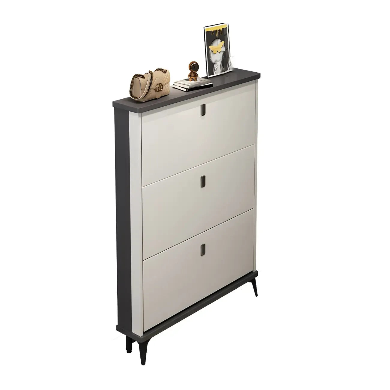 Armoire à chaussures d'entrée grise et blanche à façade rabattable