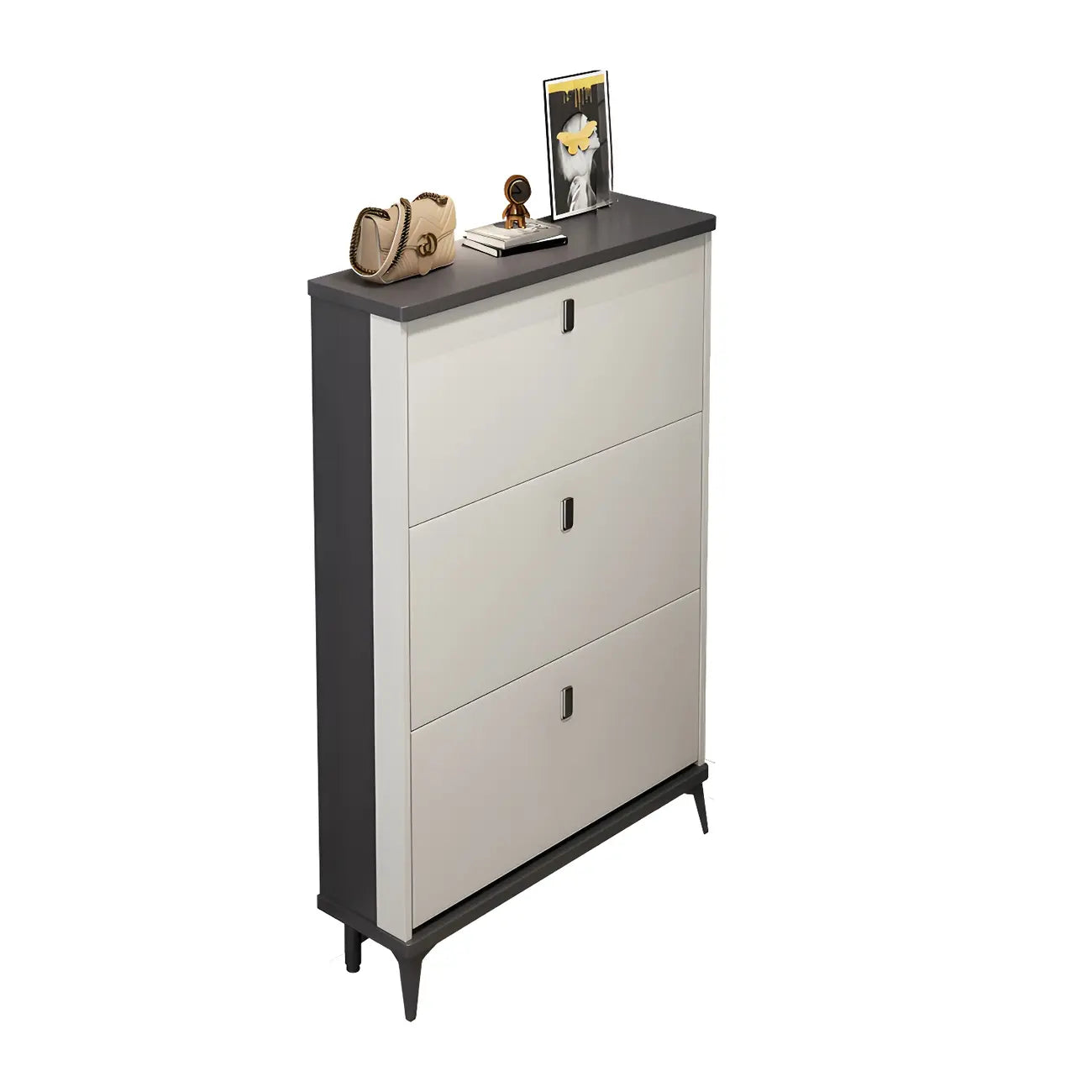 Armoire à chaussures d'entrée grise et blanche à façade rabattable