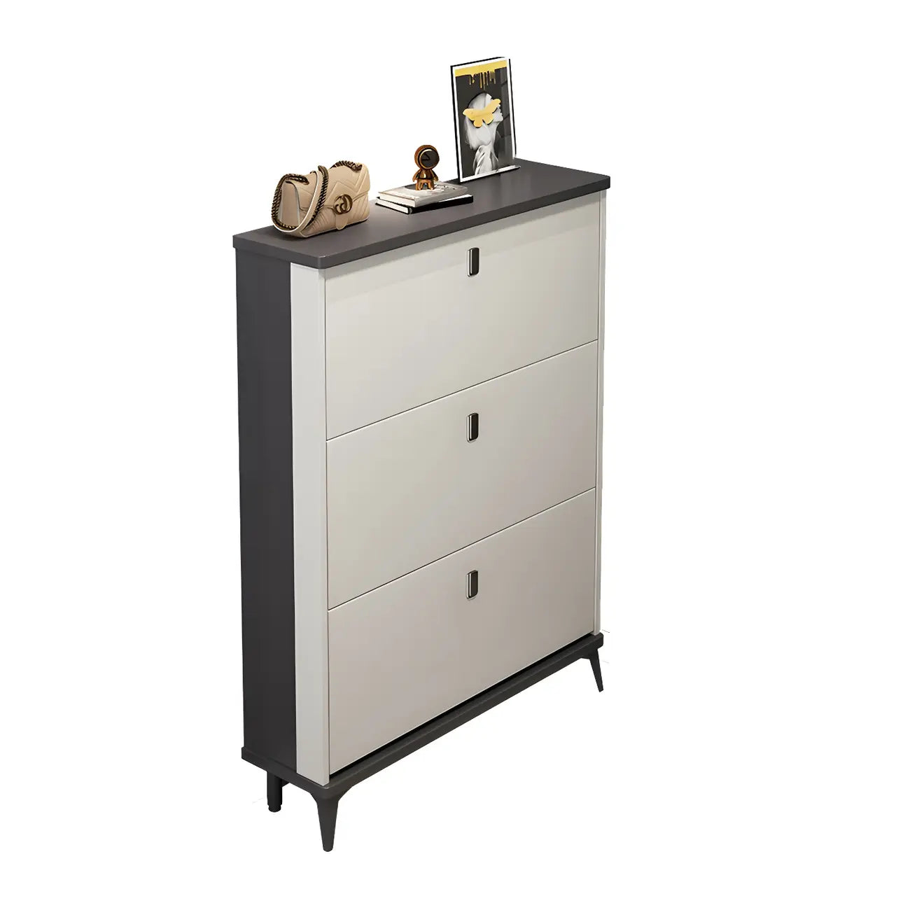 Armoire à chaussures d'entrée grise et blanche à façade rabattable