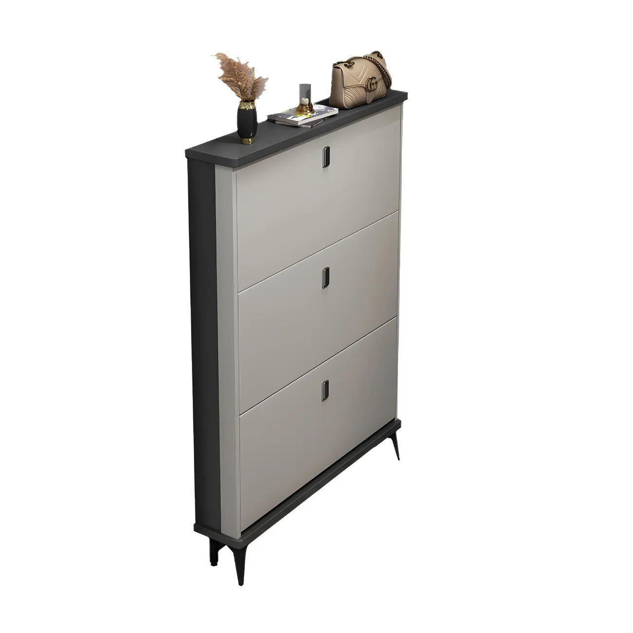 Armoire à chaussures d'entrée grise et blanche à façade rabattable