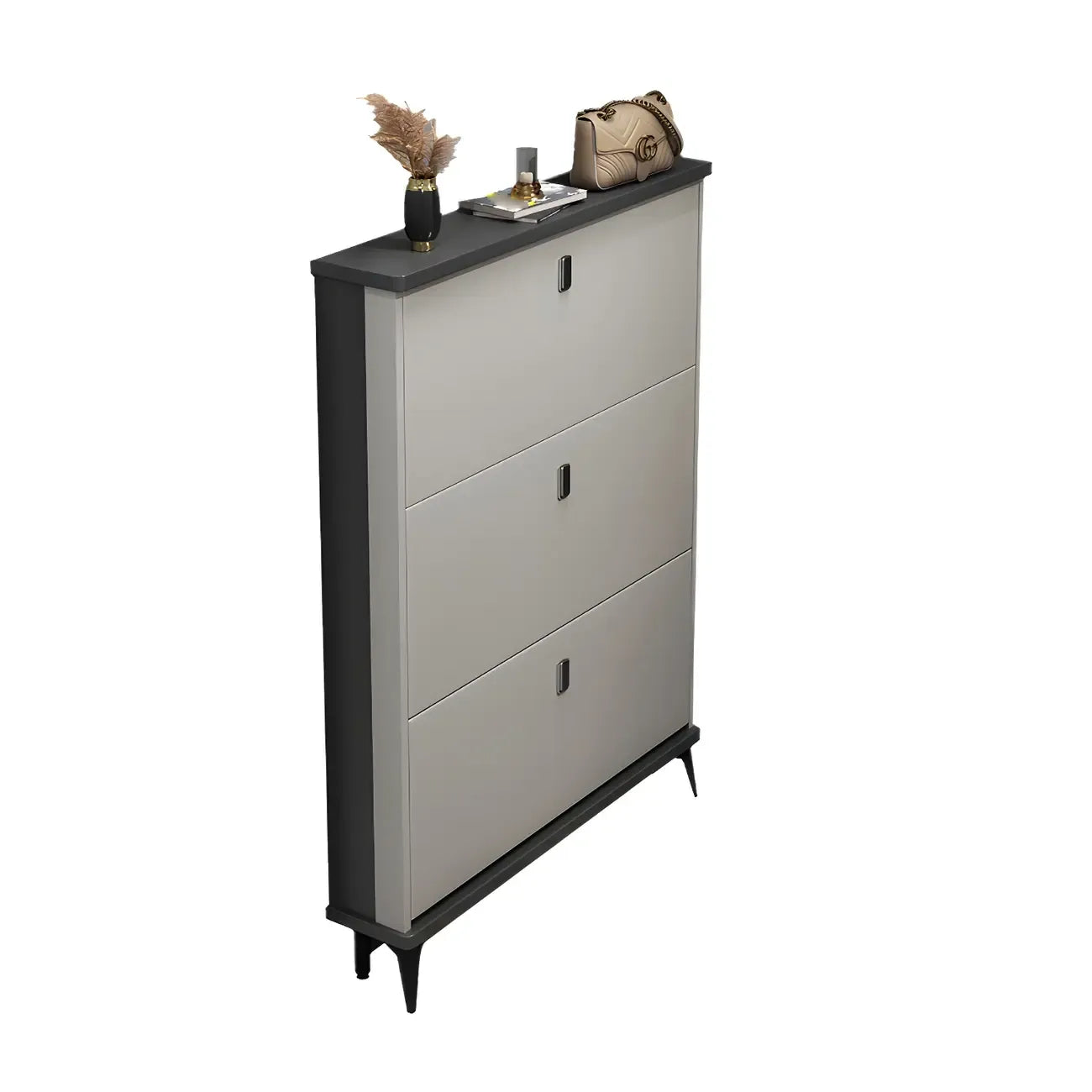Armoire à chaussures d'entrée grise et blanche à façade rabattable