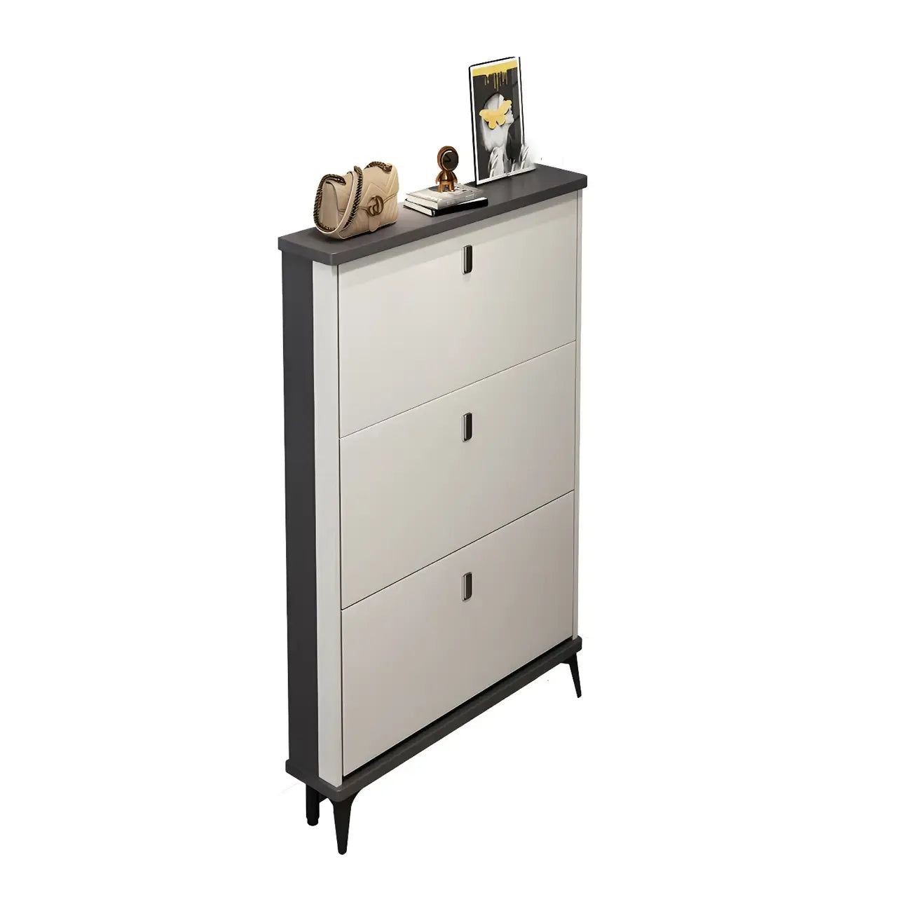 Armoire à chaussures d'entrée grise et blanche à façade rabattable