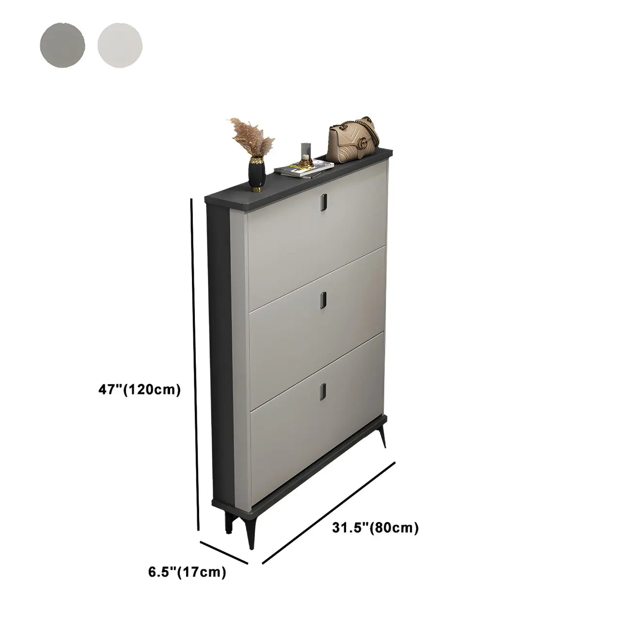 Armoire à chaussures d'entrée grise et blanche à façade rabattable