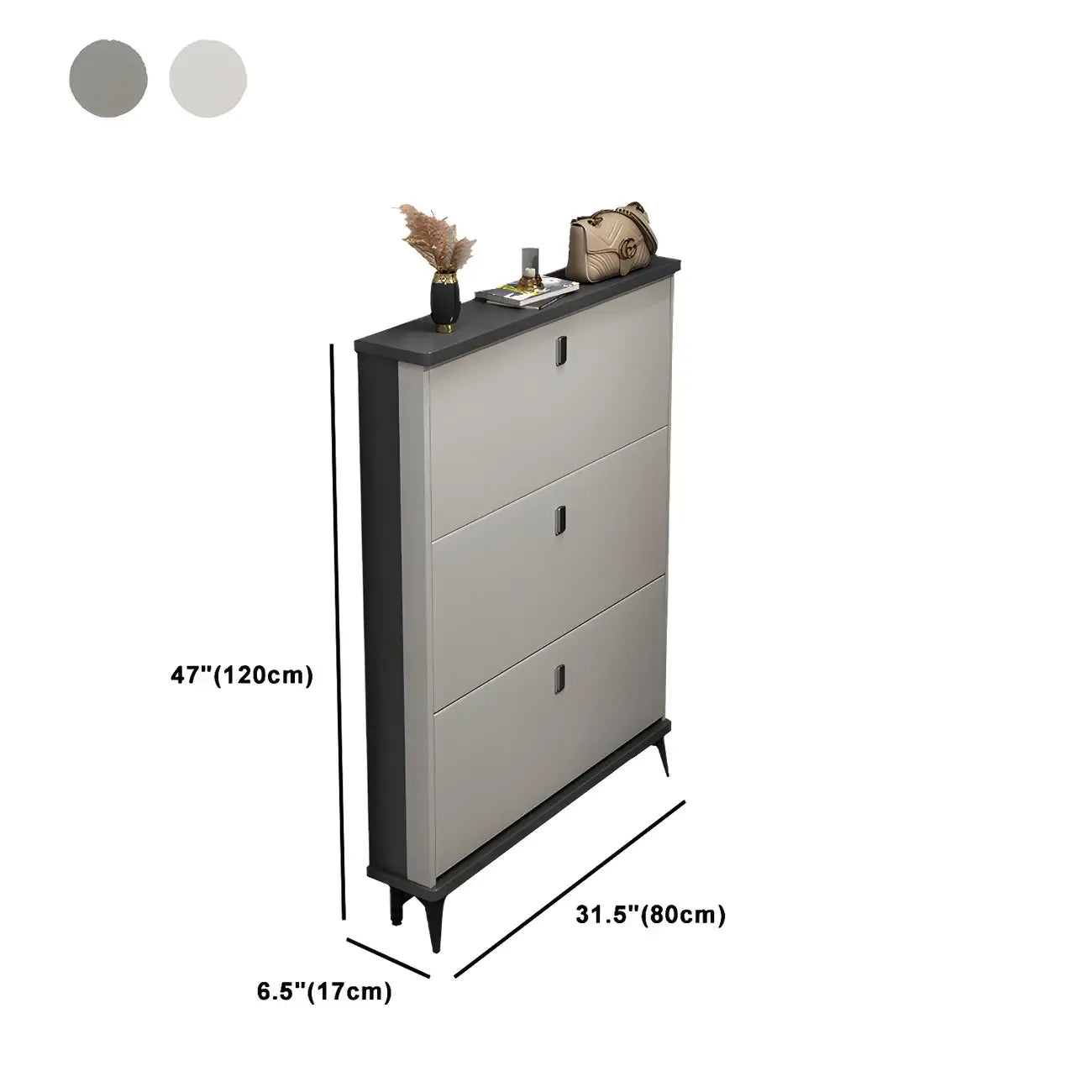 Armoire à chaussures d'entrée grise et blanche à façade rabattable