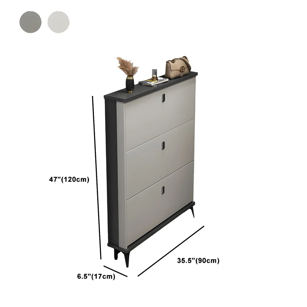 Armoire à chaussures d'entrée grise et blanche à façade rabattable