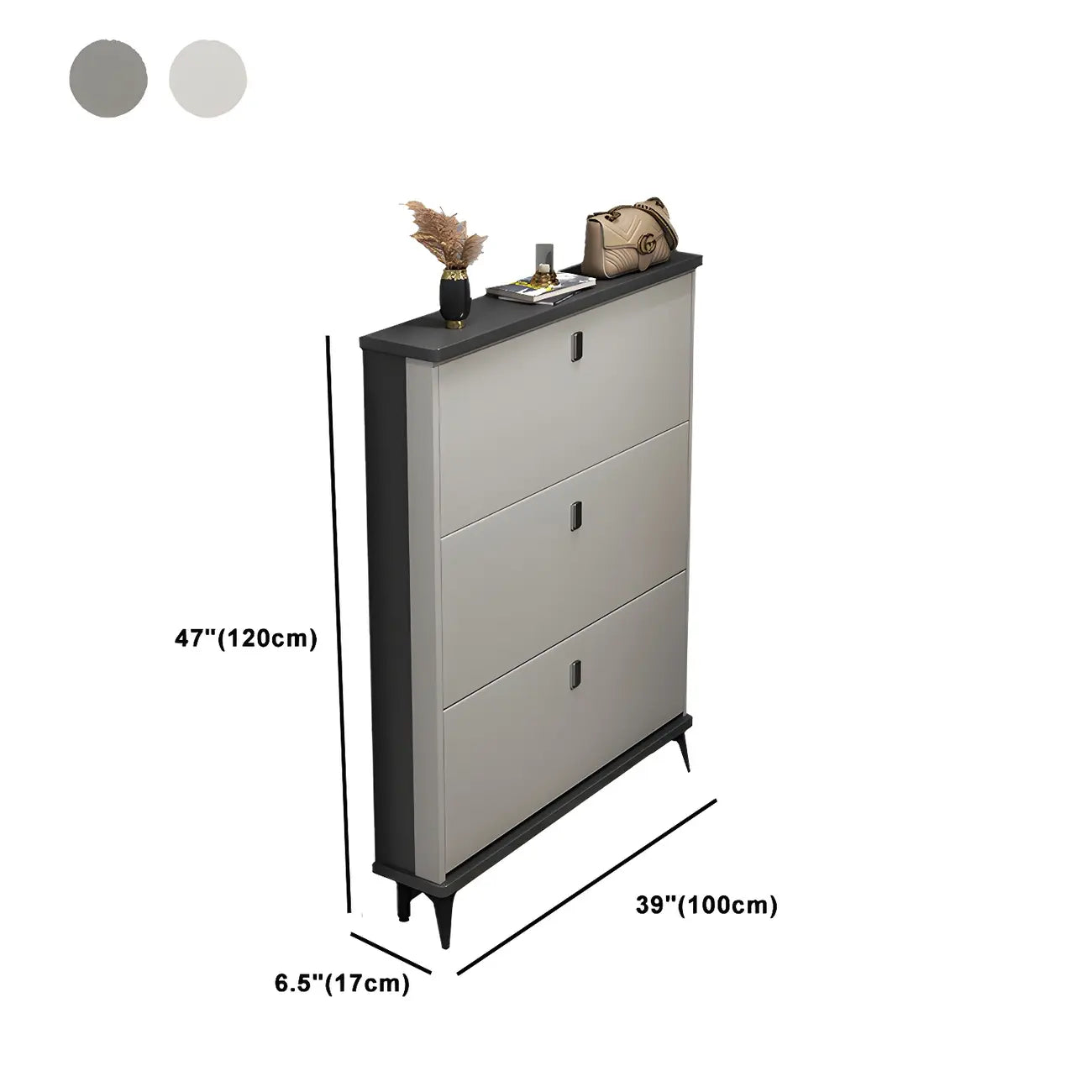 Armoire à chaussures d'entrée grise et blanche à façade rabattable