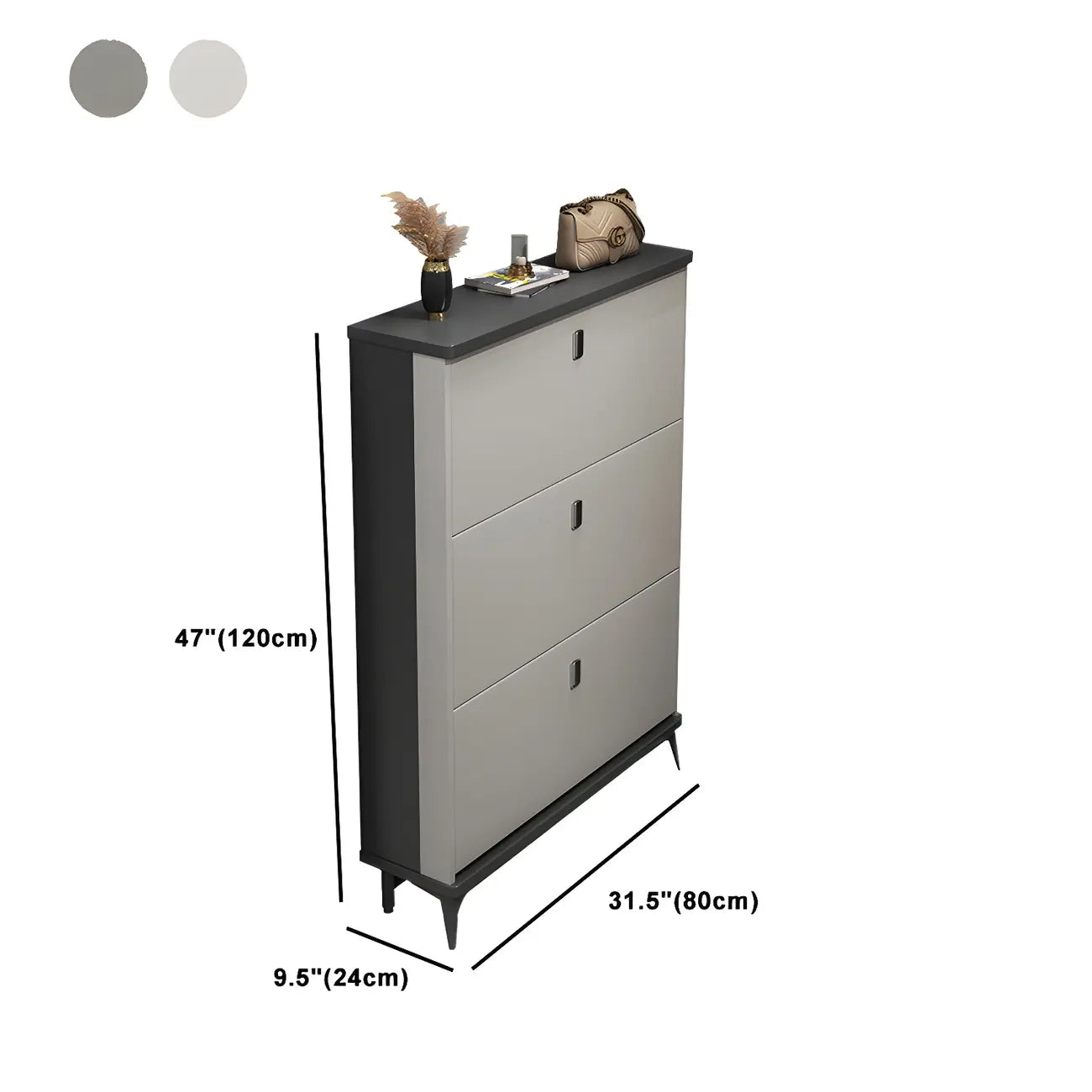 Armoire à chaussures d'entrée grise et blanche à façade rabattable