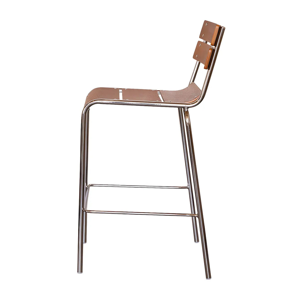 Tabouret de bar robuste avec structure en acier et dossier confortable en bois brun