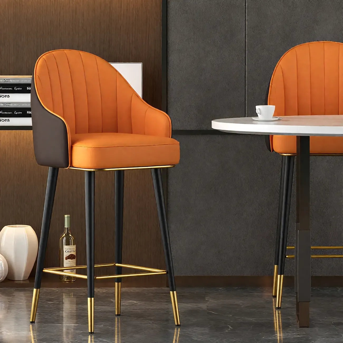 Tabouret de bar Art Déco en cuir orange avec dossier
