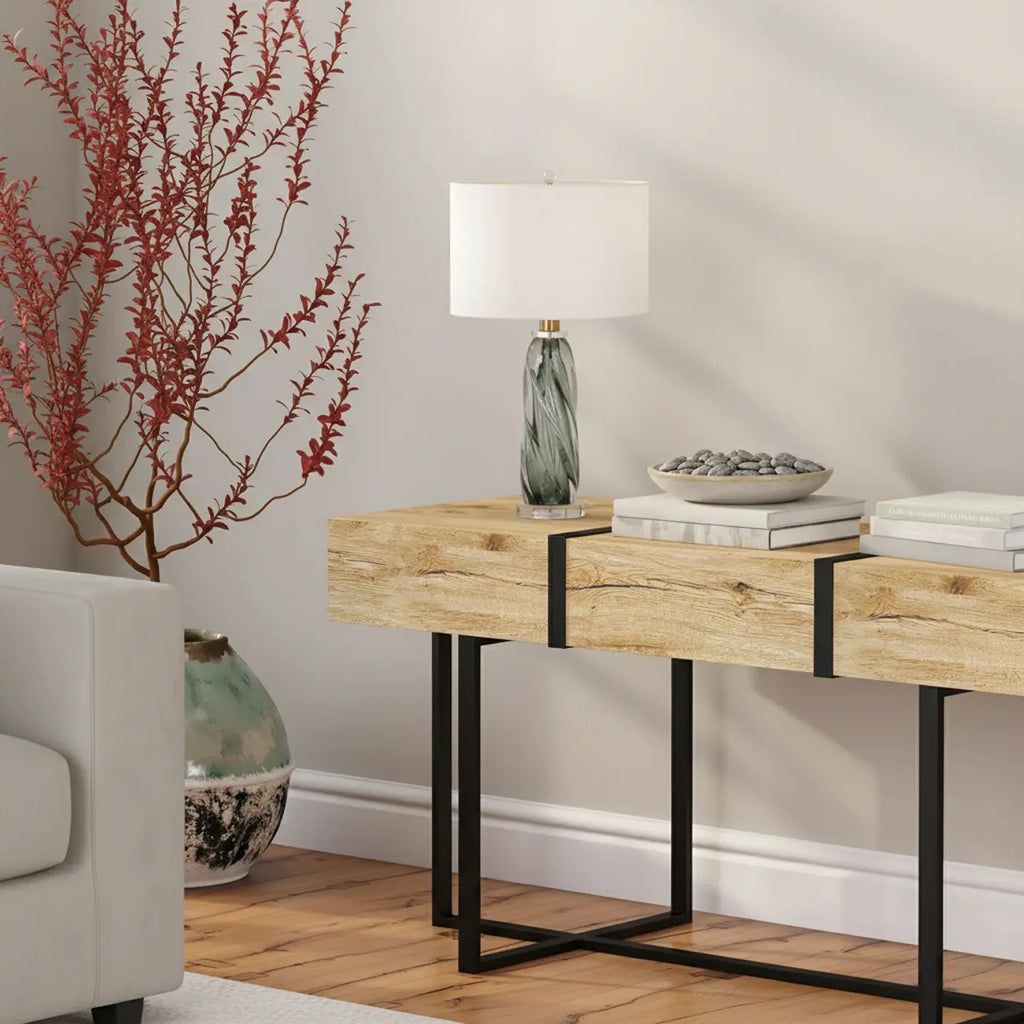 Lampe de table moderne en verre vert torsadé avec abat-jour en tissu