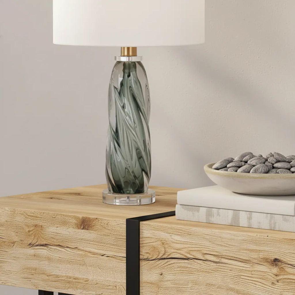 Lampe de table moderne en verre vert torsadé avec abat-jour en tissu