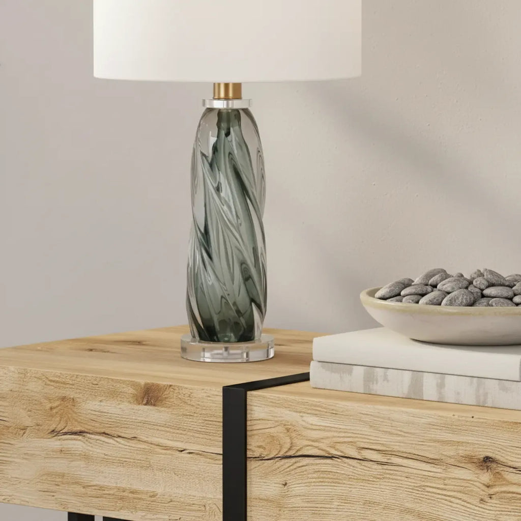 Lampe de table moderne en verre vert torsadé avec abat-jour en tissu