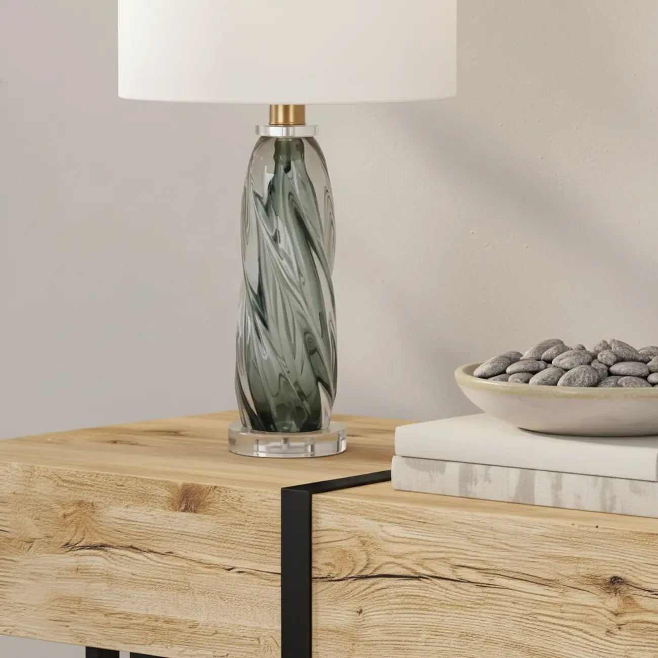 Lampe de table moderne en verre vert torsadé avec abat-jour en tissu