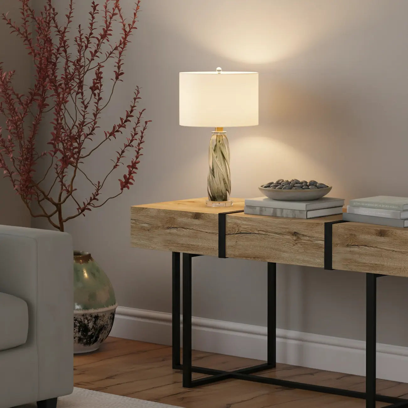 Lampe de table moderne en verre vert torsadé avec abat-jour en tissu