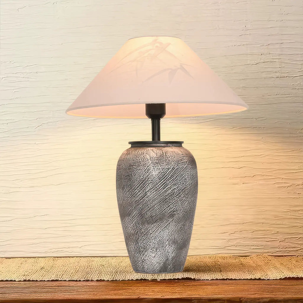 Lampe de table moderne en céramique grise avec abat-jour en tissu