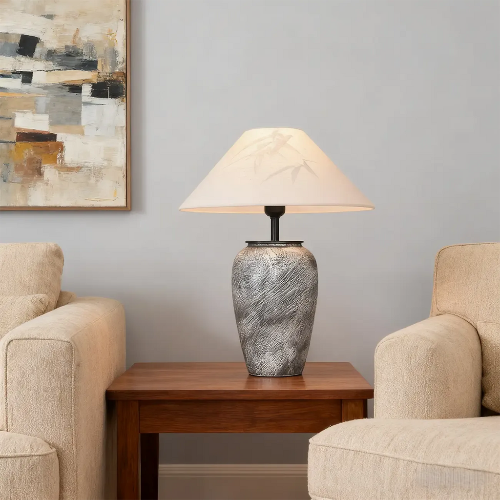 Lampe de table moderne en céramique grise avec abat-jour en tissu