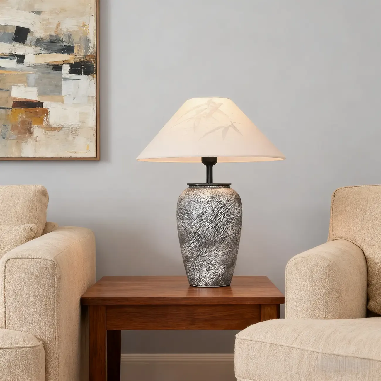 Lampe de table moderne en céramique grise avec abat-jour en tissu