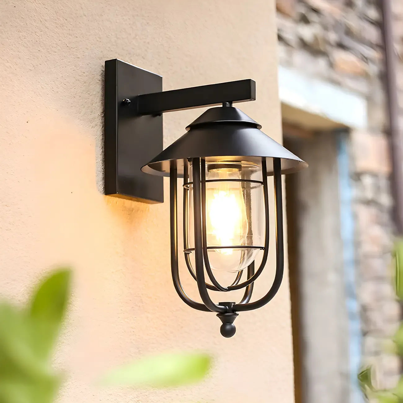 Lanterne murale extérieure cylindrique en métal noir industriel avec verre