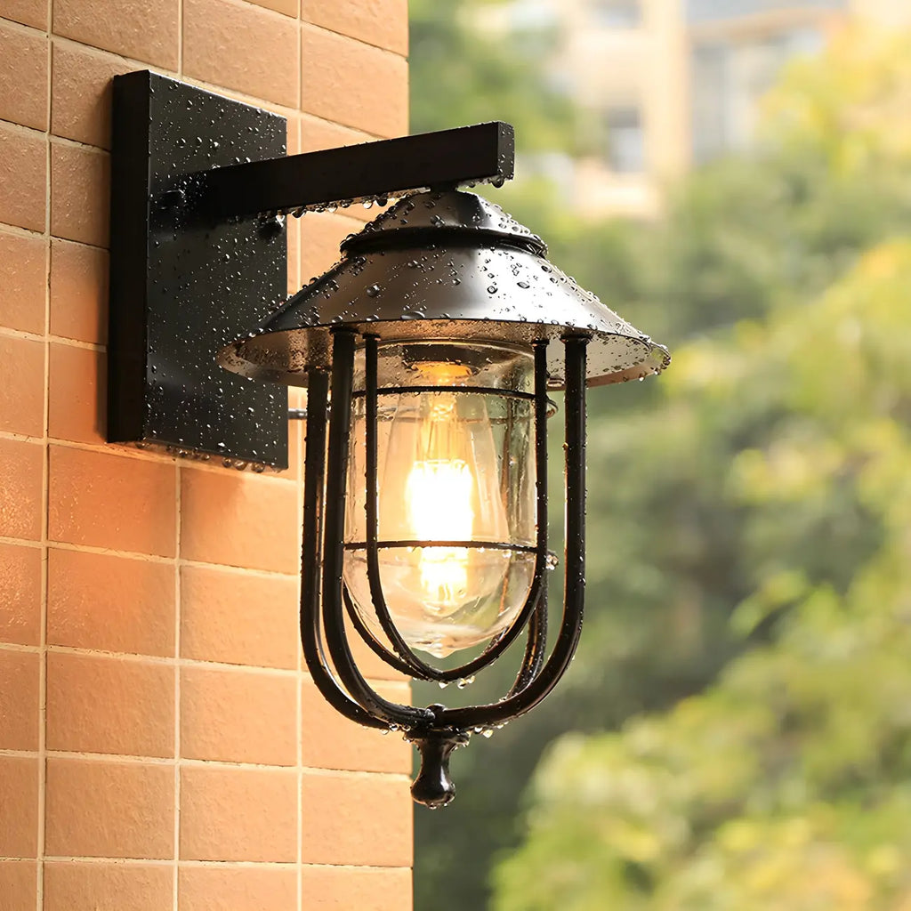 Lanterne murale extérieure cylindrique en métal noir industriel avec verre