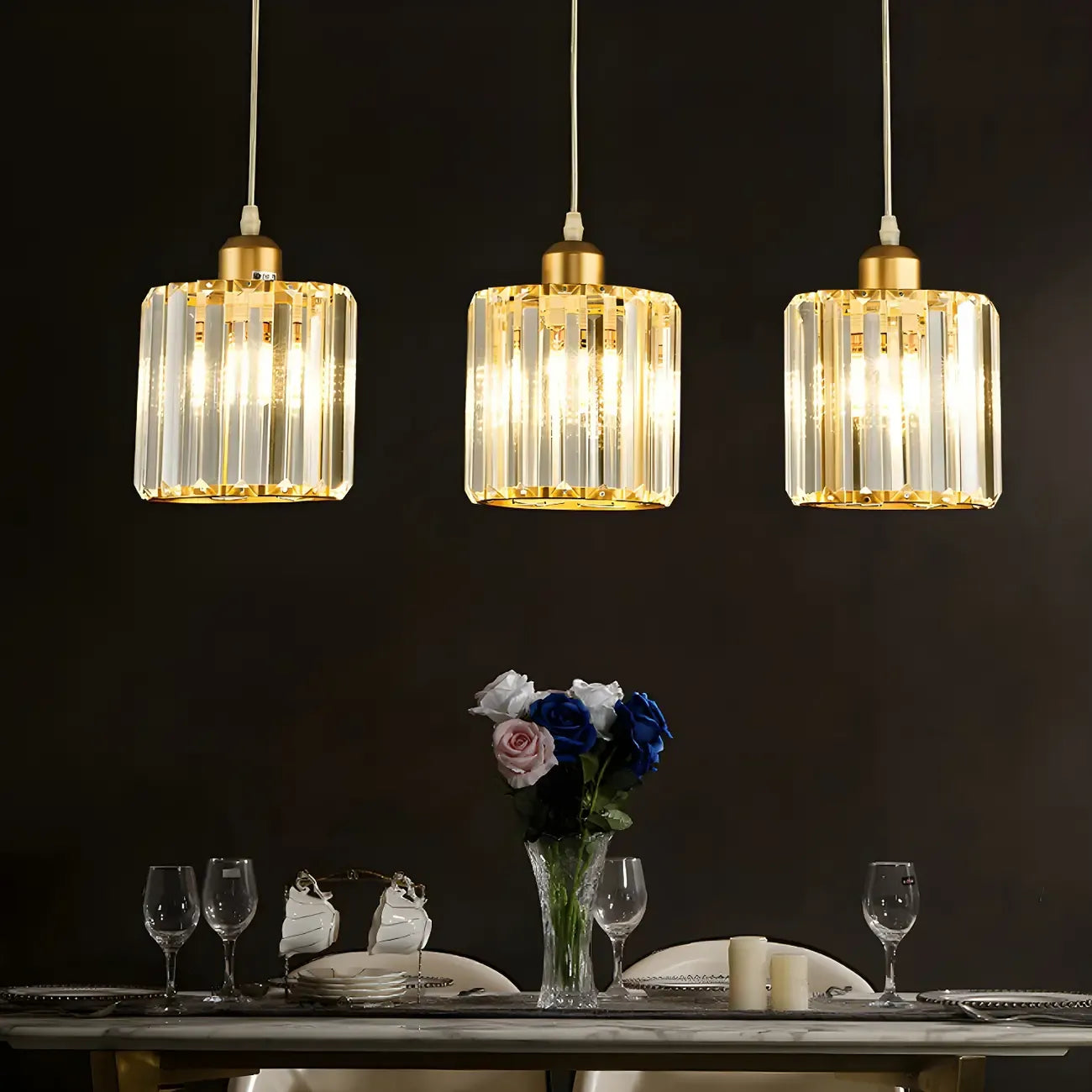 Lampada a sospensione da isola geometrica a 3 luci in cristallo dorato per cucina