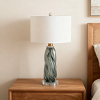 Lampe de table moderne en verre vert torsadé avec abat-jour en tissu