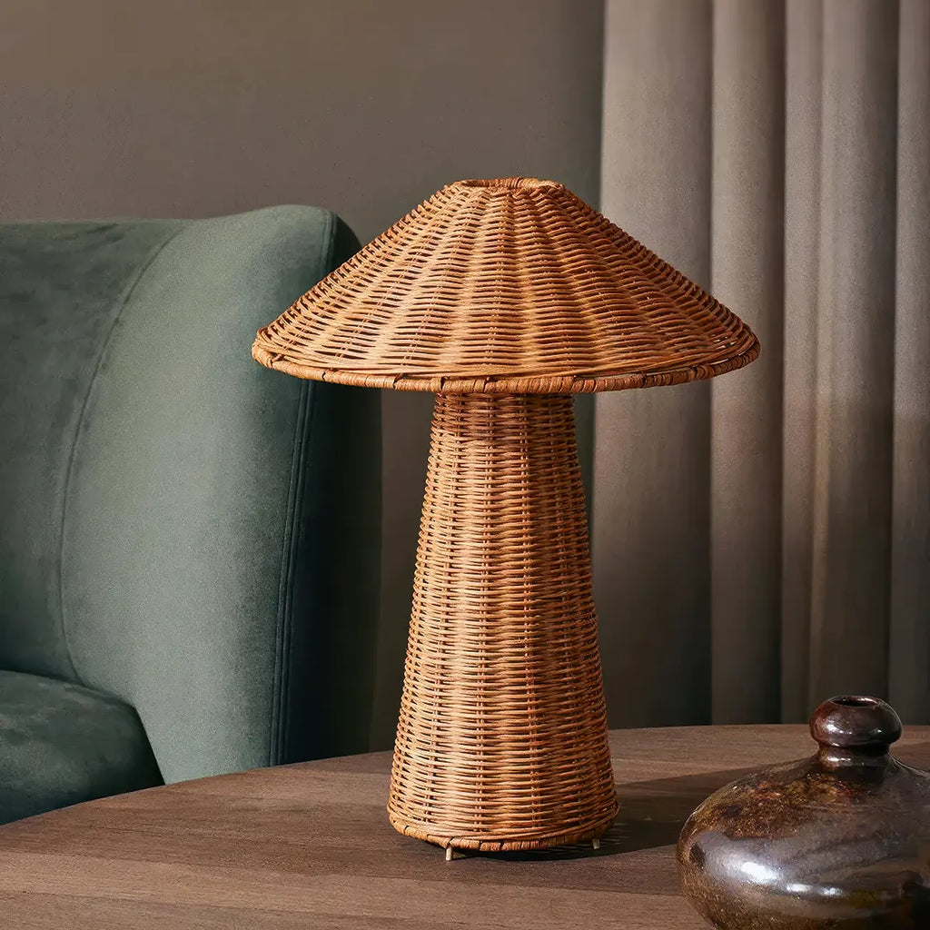 Lampe de table LED en rotin naturel tropical pour chambre à coucher