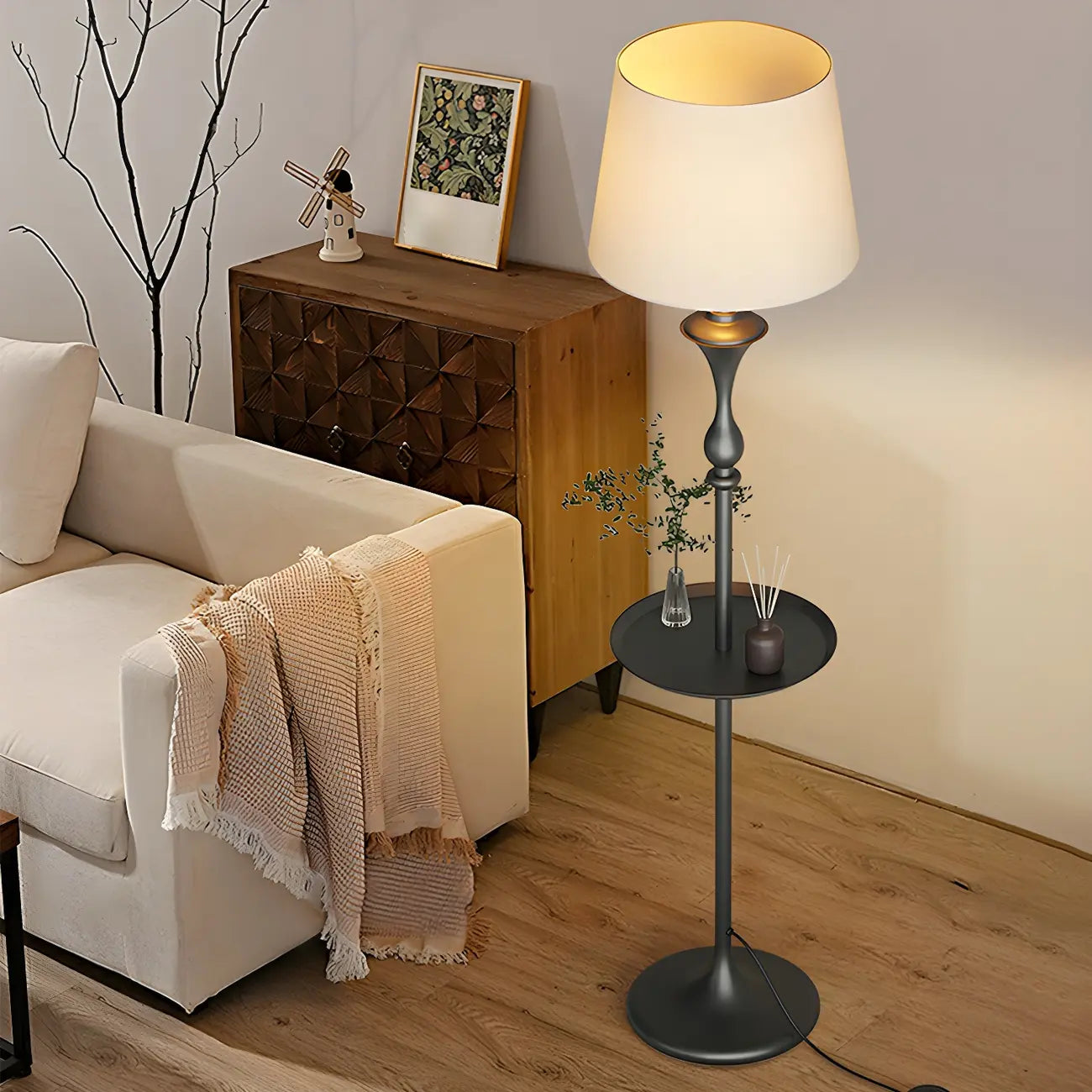 Lampadaire moderne en métal noir 63 avec étagère et éclairage LED