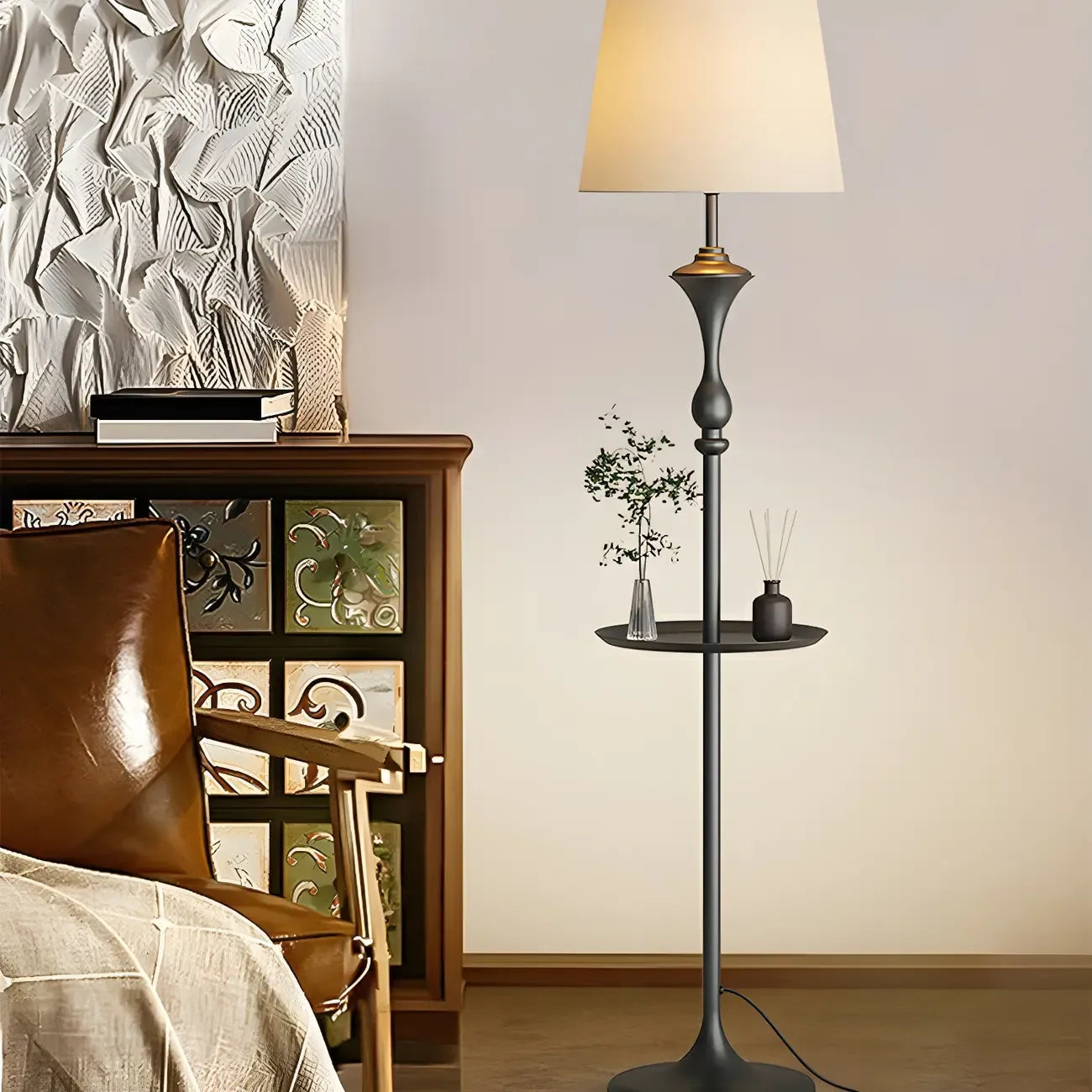 Lampadaire moderne en métal noir 63 avec étagère et éclairage LED
