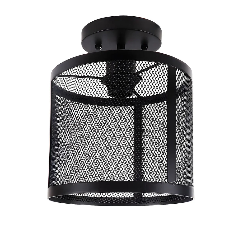 Plafonnier semi-encastré cylindrique industriel en treillis de fer noir