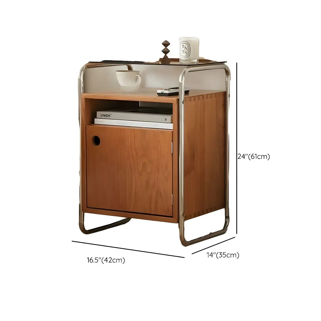 Table de chevet étroite en bois clair avec plateau en verre et finition naturelle
