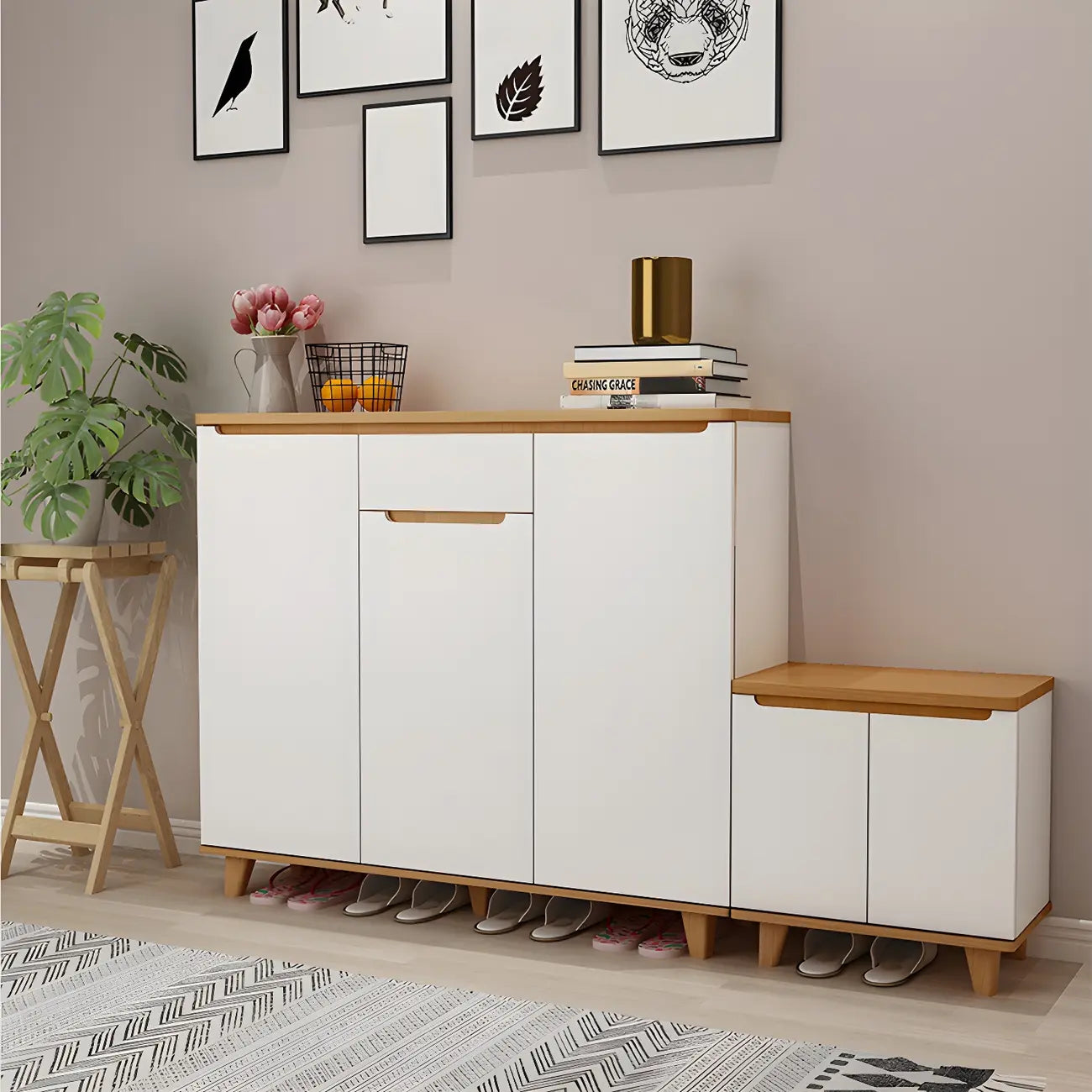 Armoire à chaussures d'entrée en bois massif blanc
