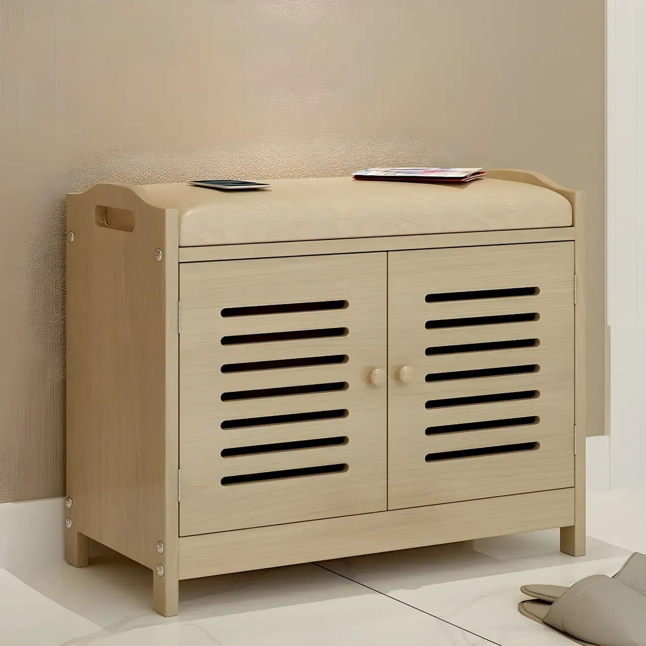 Banc à chaussures réglable en bois blanc avec porte respirante