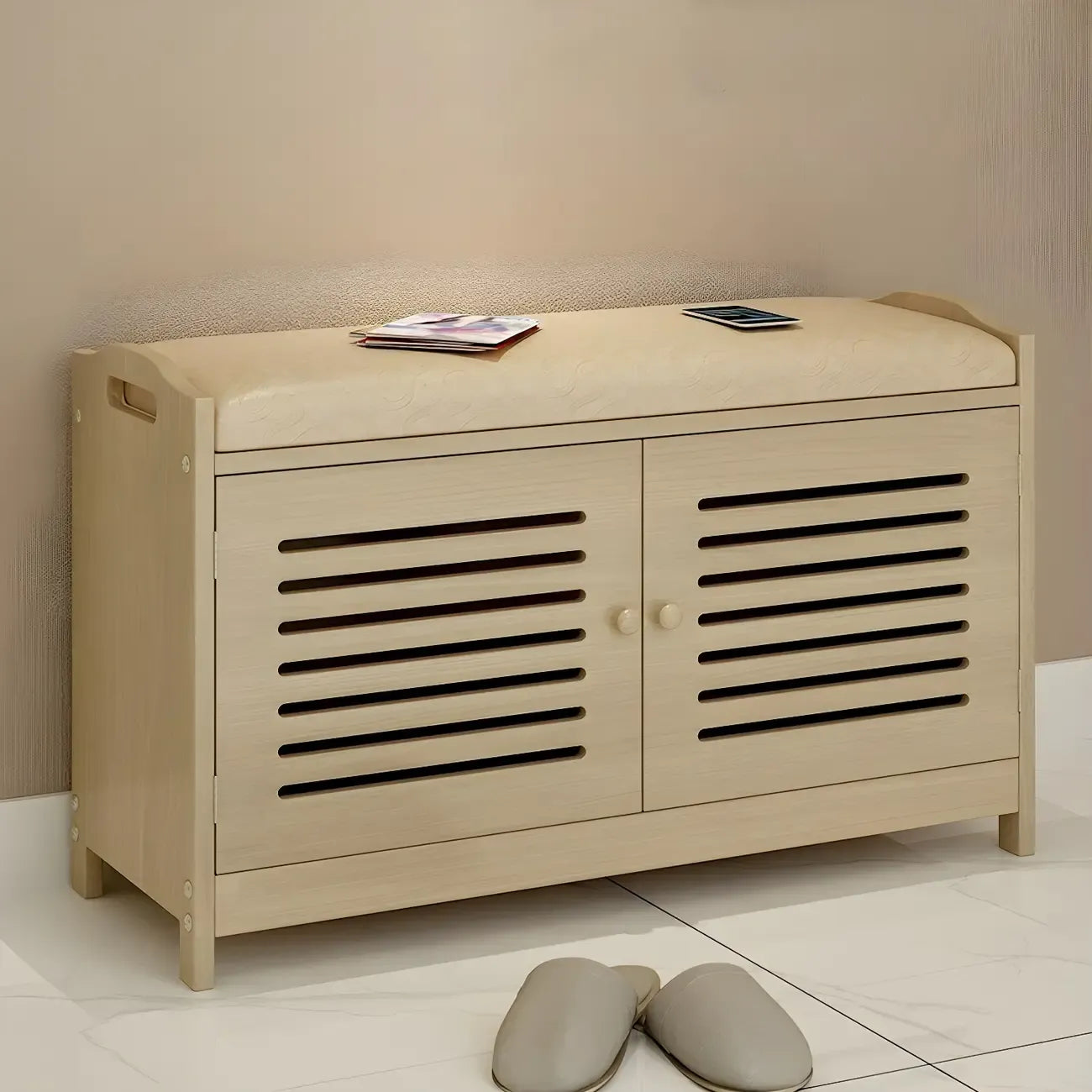 Banc à chaussures réglable en bois blanc avec porte respirante