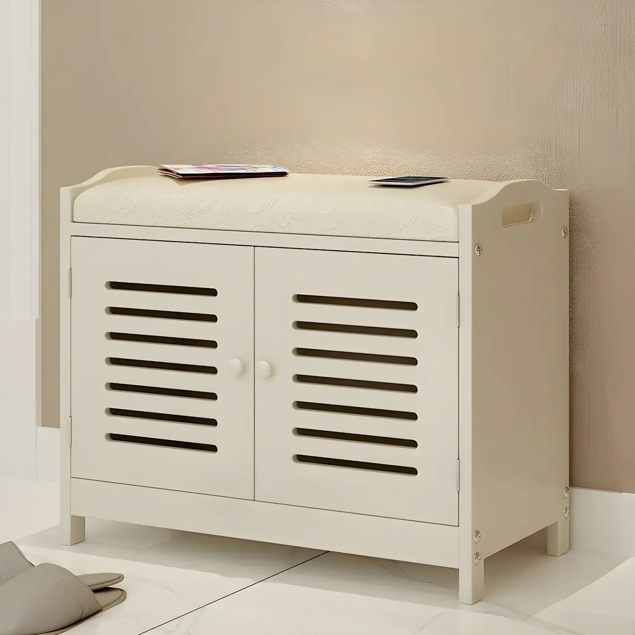 Banc à chaussures réglable en bois blanc avec porte respirante