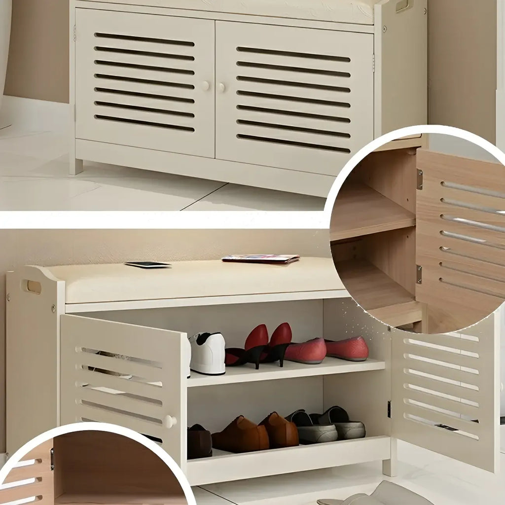 Banc à chaussures réglable en bois blanc avec porte respirante