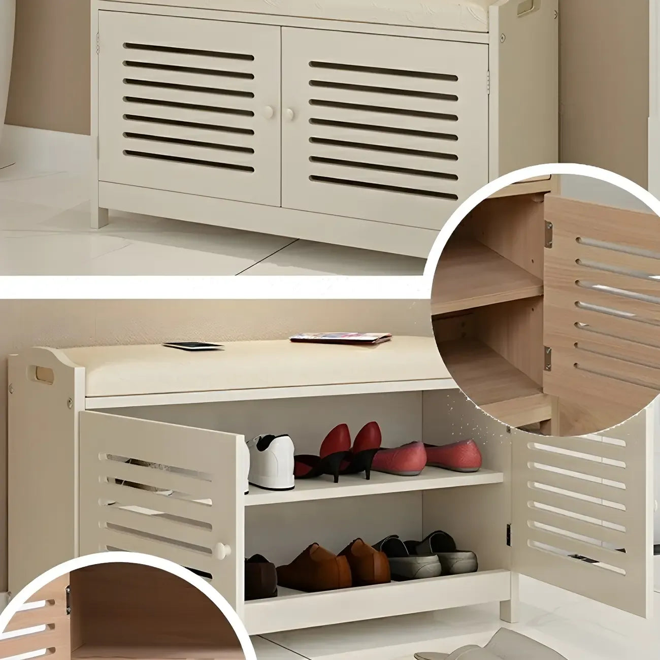 Banc à chaussures réglable en bois blanc avec porte respirante