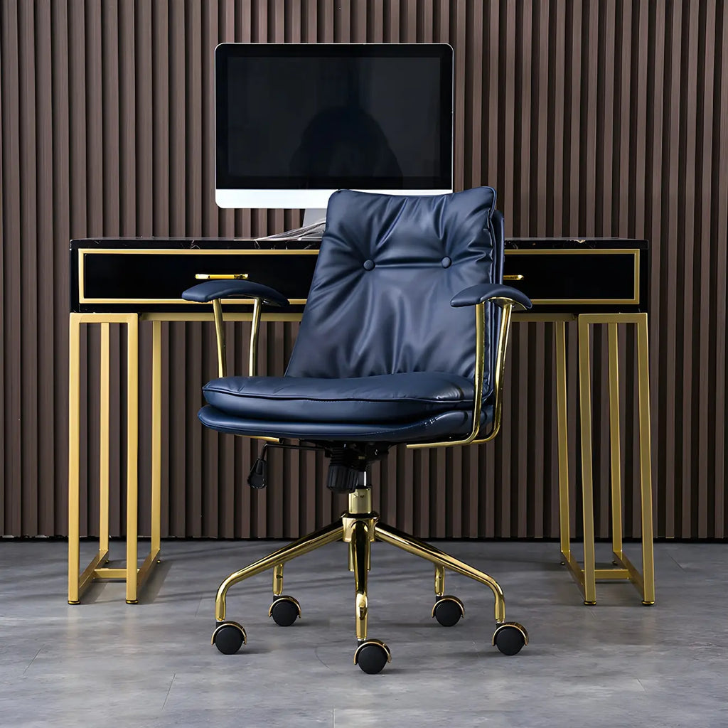 Fauteuil de bureau réglable en cuir capitonné avec base dorée