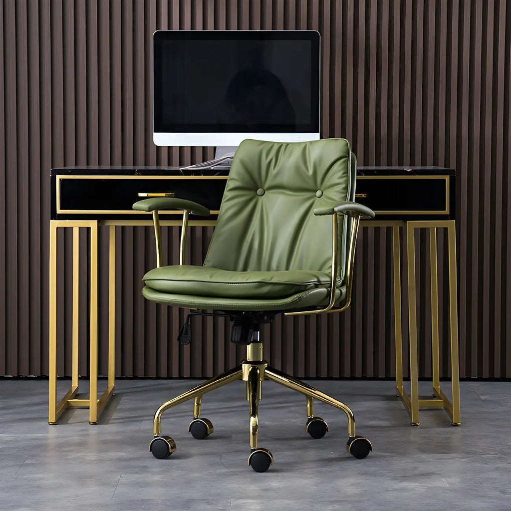 Fauteuil de bureau réglable en cuir capitonné avec base dorée