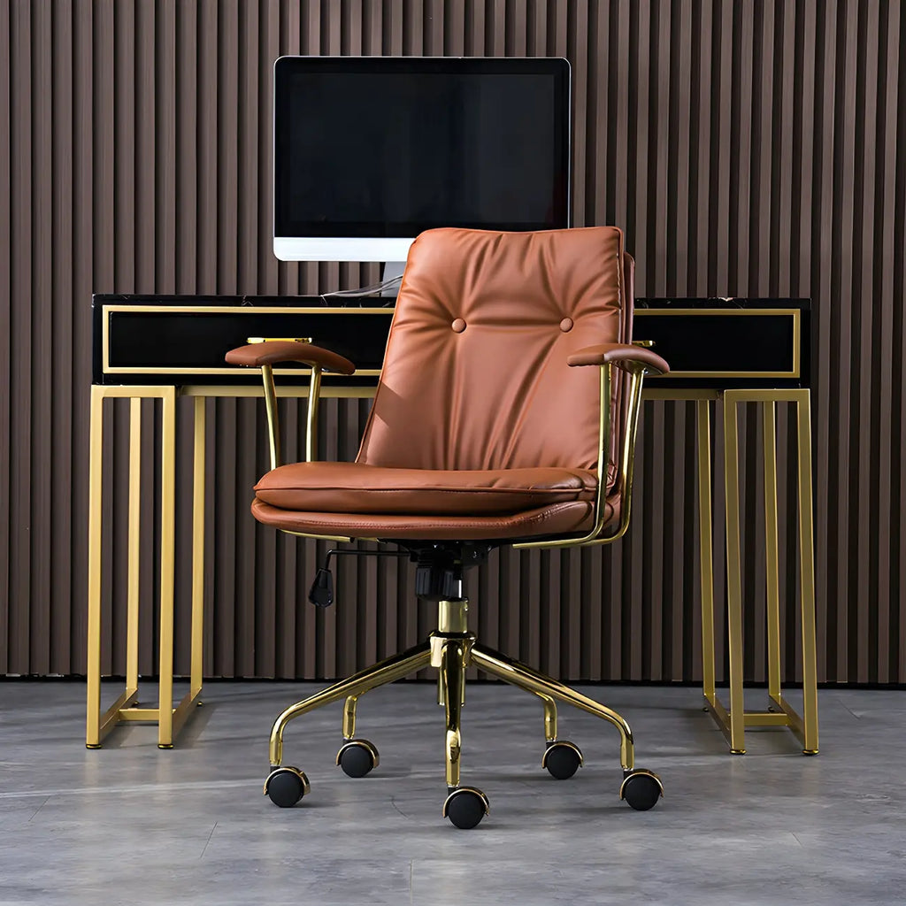 Fauteuil de bureau réglable en cuir capitonné avec base dorée