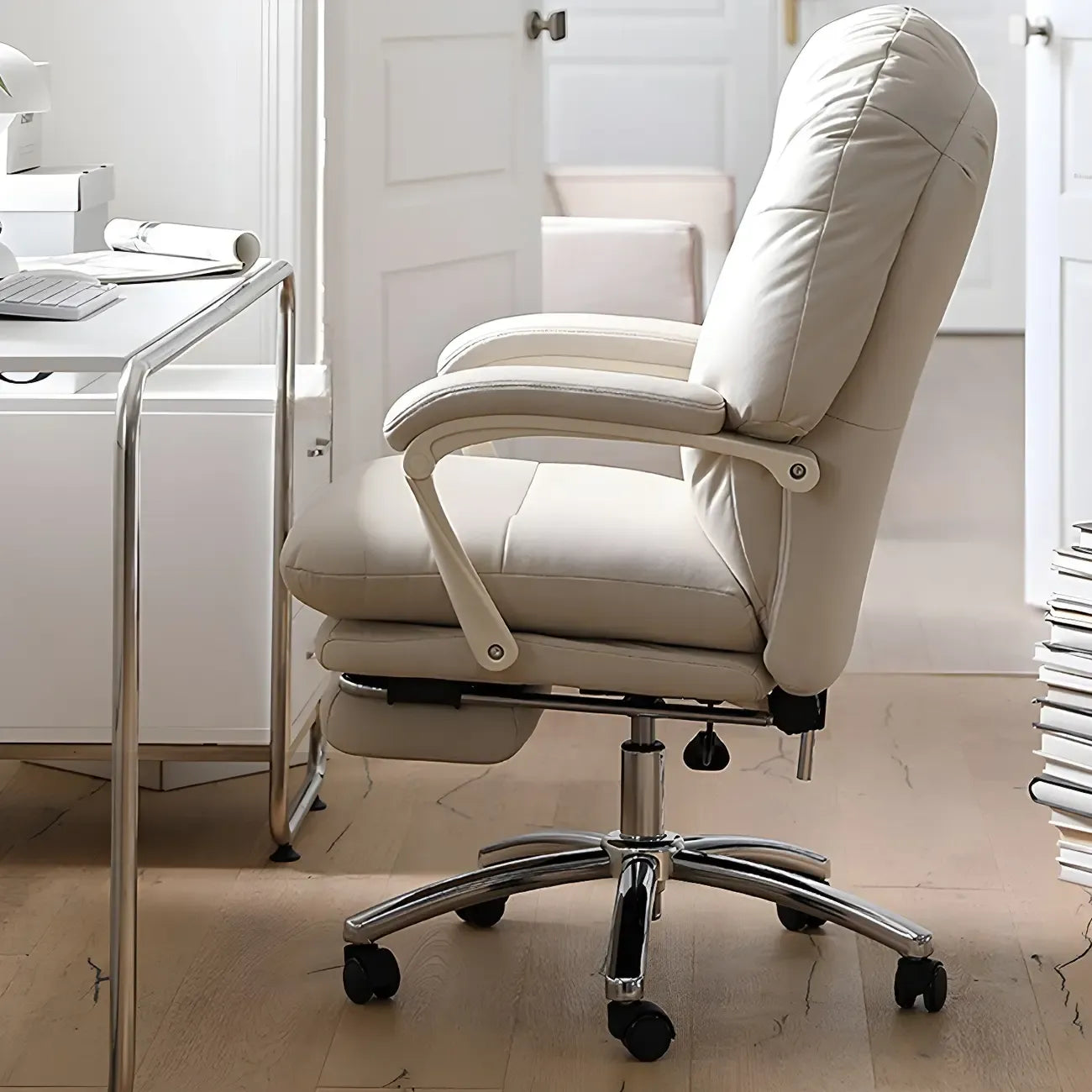 Chaise de bureau élégante à roulettes en cuir blanc